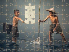 Leikur Children Fishing Teamwork Jigsaw á netinu